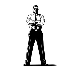 Minimalist black and white illustration of a bodyguard standing with arms crossed