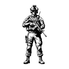 Minimalist black and white illustration of a soldier in uniform holding a rifle