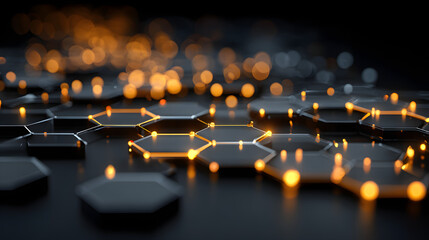 Fototapeta premium Abstract Hexagon Network Golden Glowing Nodes Dark Background Technology Connection