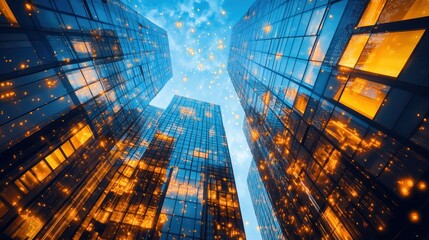 a mesmerizing low-angle perspective capturing a cluster of modern skyscrapers against a gradient sky illuminated with glowing light dots conjuring a sense of architectural grandeur