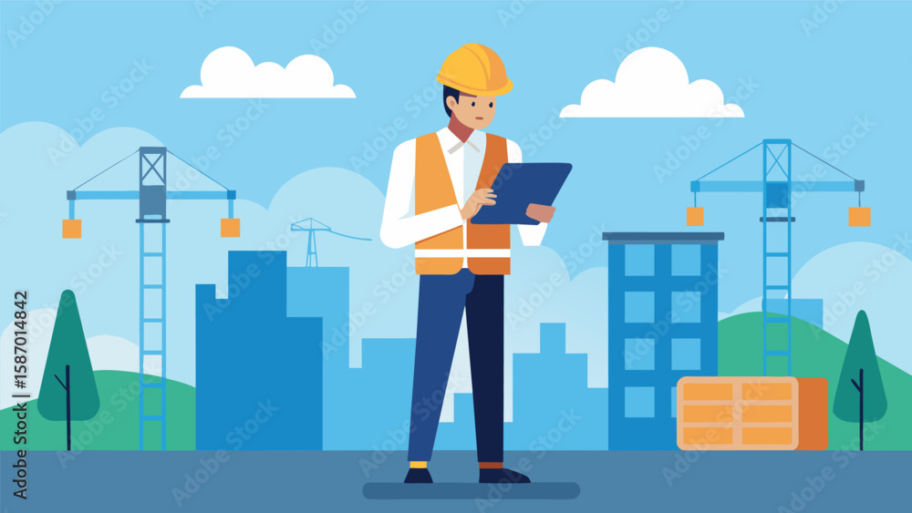 Aufkleber in the middle of a bustling construction site an engineer stands with a tablet in hand using bim sof