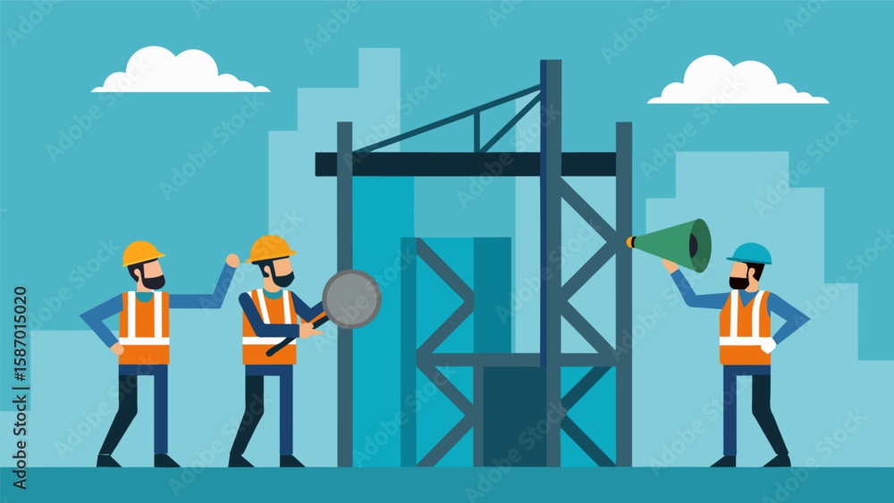Poster the clang of metal on metal as workers use tools to piece together the framework of the building.. v