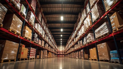 a meticulously arranged warehouse interior featuring towering rows of pallet racks filled with wrapped and boxed goods awaiting distribution for efficient supply chain management