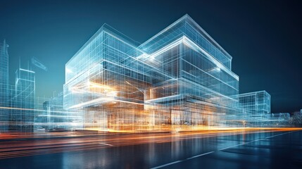 futuristic architectural blueprint rendering of an urban metropolis showcasing the intricate digital schematics of modern building designs against a deep blue gradient backdrop