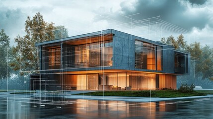 sleek modern residence showcasing architectural blueprints and glass facade against backdrop of verdant trees and grey skies reflecting contemporary design principles and luxurious living