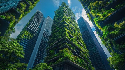 innovative urban landscape showcasing skyscrapers integrated with verdant vertical gardens under a bright sky promoting sustainable urban development