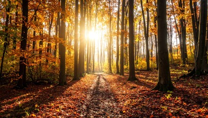 Sunlight streams through autumn trees