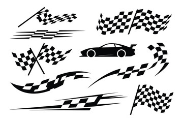 Motorsport design bundle with car outlines, racing stripes, and flag icons suited for racing promotions, car clubs, graphic tees, and automotive marketing campaigns