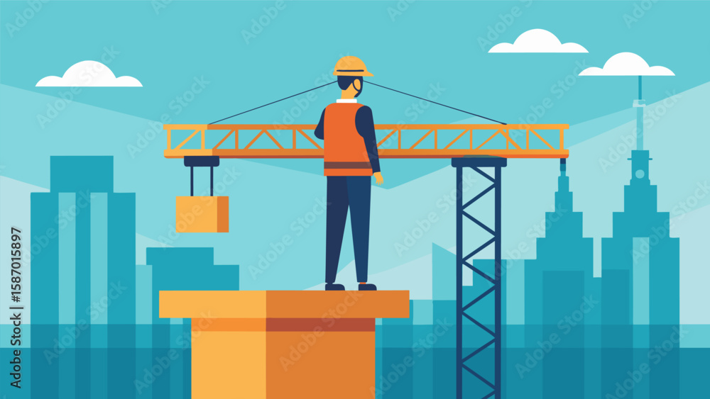 Poster the supervisor stands at the top of a towering crane overlooking the progress of a major bridge cons