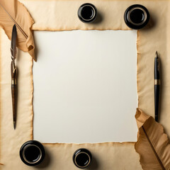 Elegant Parchment Background with Inkwell, Quill, and Fountain Pen for Text or Design Overlay