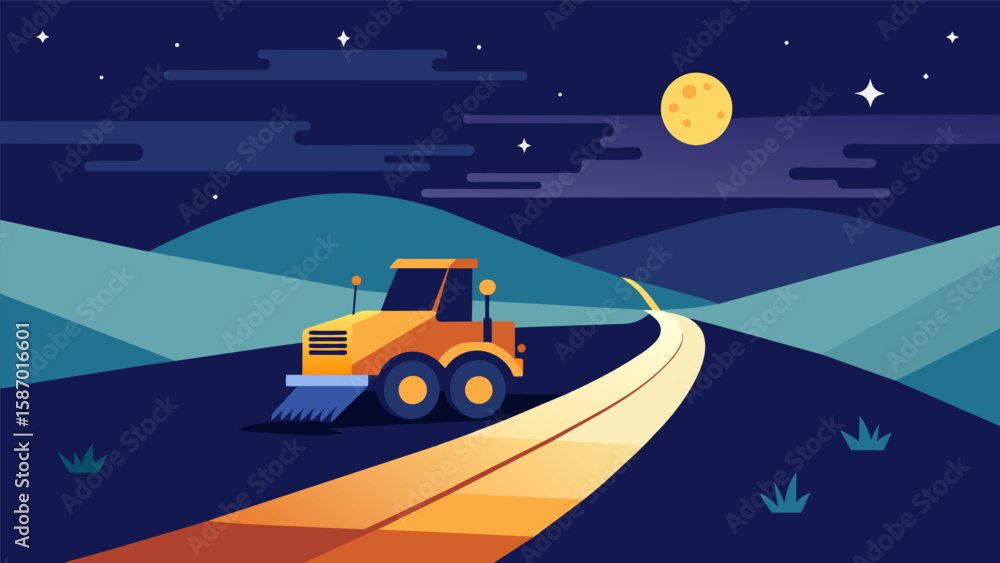 Poster the night sky serves as the backdrop for a large machine spreading and compacting layers of asphalt 