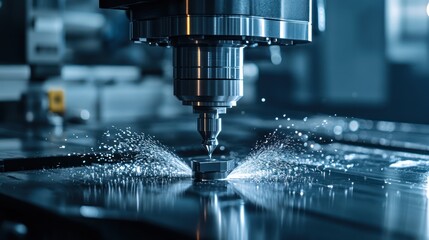 Precision CNC machining factory close-up metal cutting with coolant spray