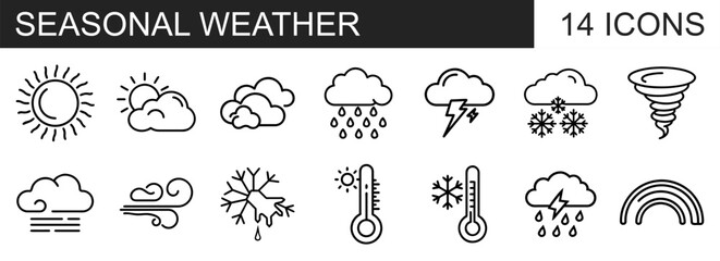 A comprehensive set of 14 icons depicting seasonal weather—sunshine, clouds, rain, snow, wind, storms, and extreme conditions. Ideal for forecasts, apps, planners, and education.