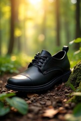 Close - up of Black Leather Shoes in Outdoor Forest Scene, Natural Light Texture Presentation, for Footwear Ads, Fashion Photography, Outdoor Style Assets