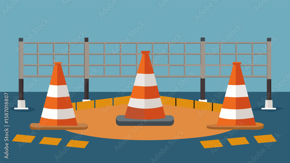 Poster safety cones p around open manholes with temporary fencing installed to prevent accidents.. vector i