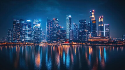 a mesmerizing nightscape showcasing singapore's gleaming skyline mirroring brilliantly in the calm waters reflecting a futuristic architectural panorama offering a breathtaking urban tableau