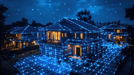 envisioning the future of residential connectivity enhanced by futuristic technology showcasing a glowing network draped over suburban homes representing smart homes and interconnected living spaces