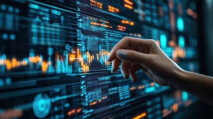 navigating the complexities of financial data analysis a hand interacting with glowing data displays illuminating insights into market trends and technological progress
