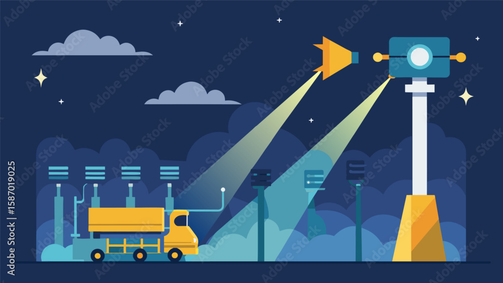 Poster the steady hum of generators powers the floodlights providing a steady stream of light to guide the 
