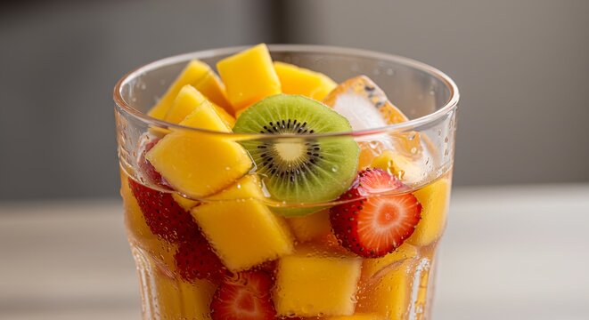 Close-up of a clear glass filled with a colorful fruit salad, including mango, kiwi, and strawberries, with ice cubes. - Powered by Adobe