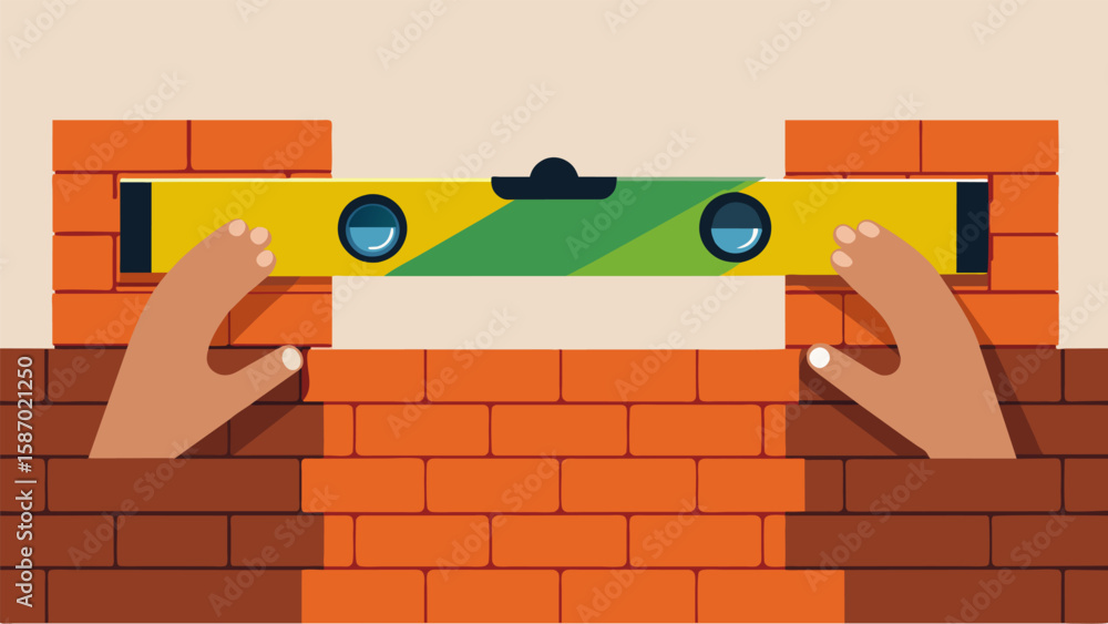 Poster precision is key as the hands use a level to ensure each brick is perfectly aligned for a seamless f