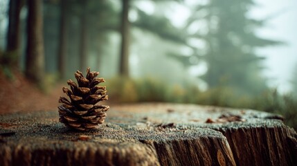Pinecone on tree stump in forest