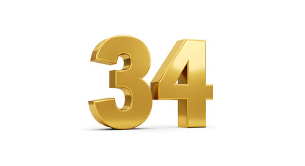 Obraz premium Gold Number Thirty-four on White Backdrop Shiny Metal 3d Rendering