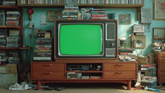 Vintage Living Room with an Old Television Displaying Green Screen Surrounded by Stacks of VHS Tapes and Cluttered Shelves