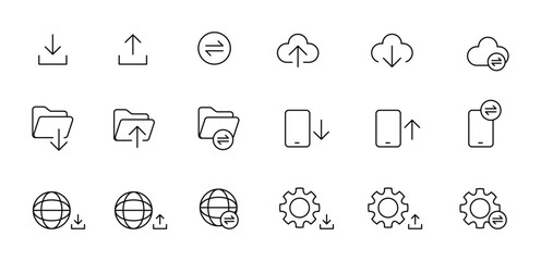 Minimalist Upload and Download Icon Set in Outline Style. Cloud, Folder, Mobile, Web, and Settings Data Transfer Symbols for UI, UX, Apps, Websites, and Digital Interfaces, Editable Outline