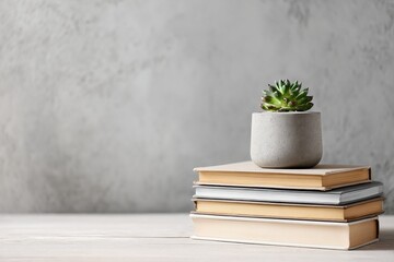 Succulent Plant in Concrete Pot on Stack of Books