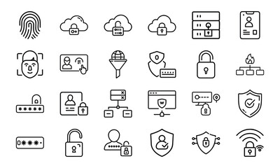 Advanced Cybersecurity and Digital Privacy Icons Set Featuring Cloud Security, Password Protection, Encryption, Biometric Access, Network Safety, and Data Defense Symbols