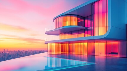 modern architectural marvel reflecting the vibrant hues of sunset overlooking a sprawling cityscape from an elevated vantage point emphasizing luxury and design