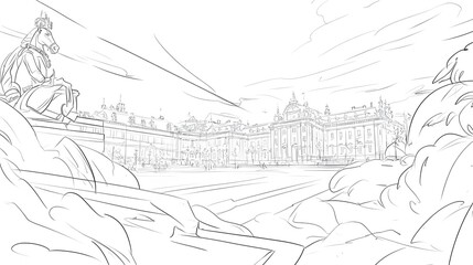 Fototapeta premium A linear sketch of a grand palace and a monumental statue.