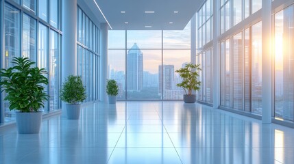 illuminating cityscape panorama reflected in an interior space with tall windows and flourishing plant life creating a calming and inspiring atmosphere of progress and aspiration