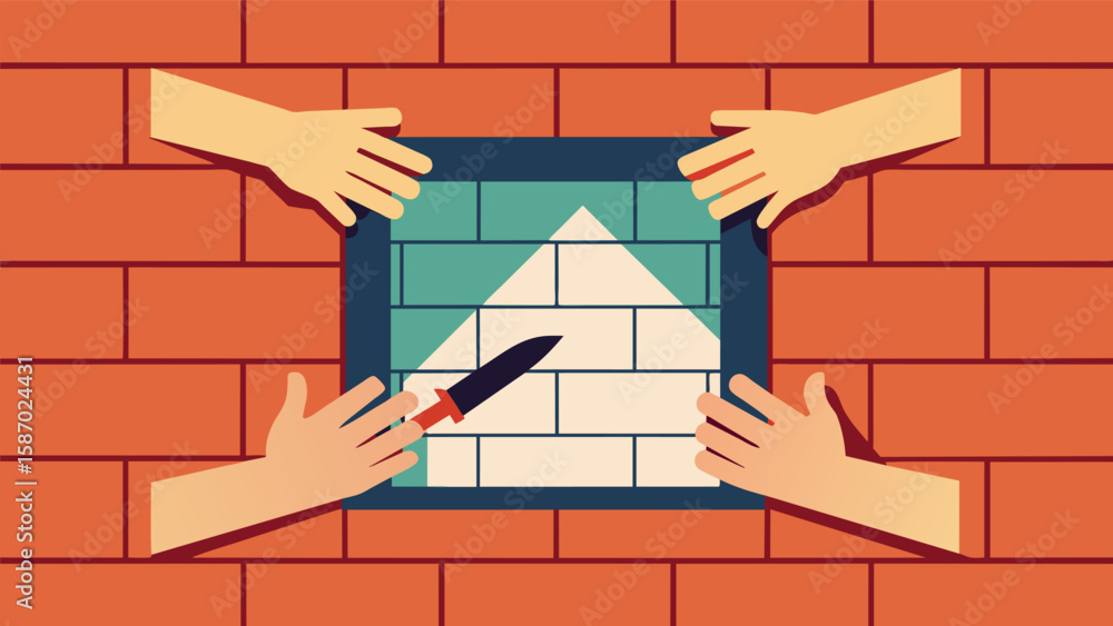 Aufkleber skillful hands delicately carve out space for a window frame within a wall of perfectly laid bricks.