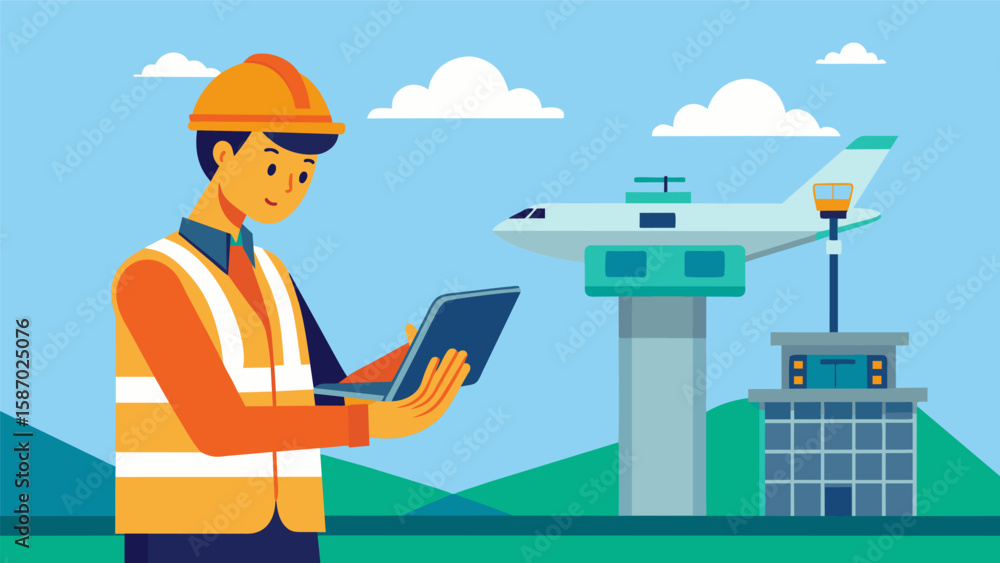 Poster on a remote construction site an engineer uses a tablet to access and adjust the 3d model of an airp