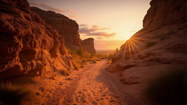 Desert path at sunset with rocky cliffs and golden light illuminating the sandy trail ahead landscape video