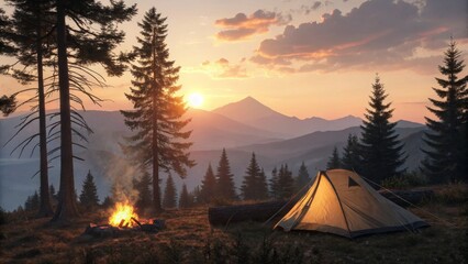 A tent glows in the evening light beside a crackling campfire in a mountain landscape at sunset