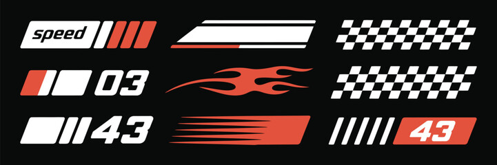 Racing cars and stripe vector set with checkered flags, motocross labels, speed lines, motorsport graphics, race decals, and tuning stickers for automotive and racing-themed design projects