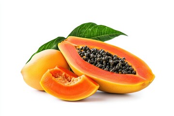 Papaya tree with chopped stem and fruit isoleted on white background