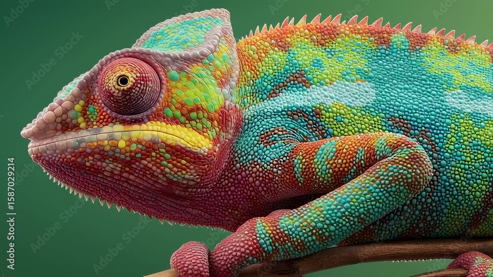 Poster colorful close-up of a chameleon showing vibrant scales and intricate patterns on a natural green ba