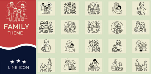 Family icons depicting parents and children in various activities vector