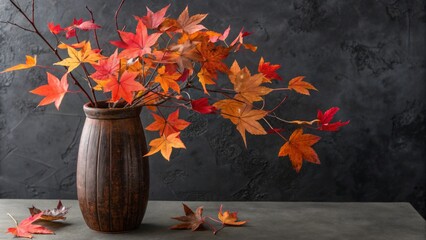Autumn leaves in a vase create a moody still life with a dark background, capturing the essence of the season