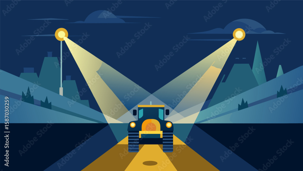 Aufkleber light streams from the headlamps of heavy machinery the only source of visibility in the otherwise d