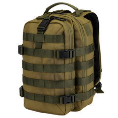 Olive green tactical backpack featuring multiple straps and buckles, perfect for hiking and outdoor adventures due to its durable and versatile design.