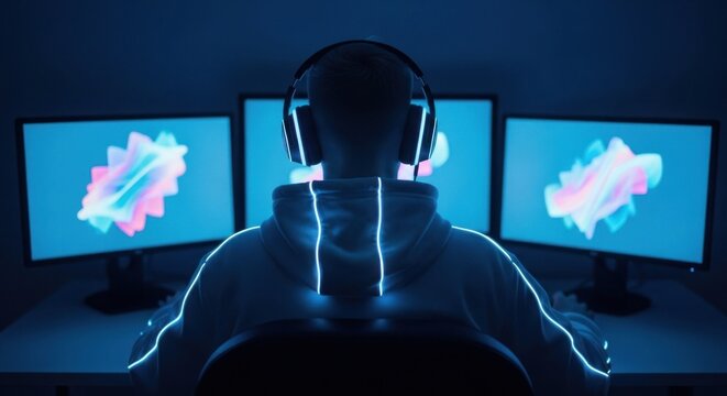 A gamer immersed in a digital world, illuminated by three monitors displaying abstract art, wearing headphones and a hoodie with glowing accents, creating a futuristic scene.