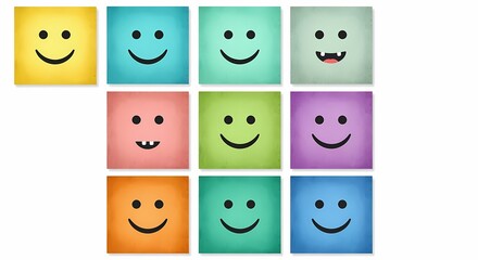 Collection of twelve colorful square smiley faces, each with unique expression.