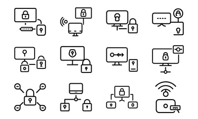 Advanced Cybersecurity and Digital Privacy Icons Set Featuring Cloud Security, Password Protection, Encryption, Biometric Access, Network Safety, and Data Defense Symbols