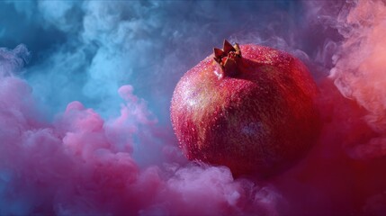 Pomegranate in colorful smoke