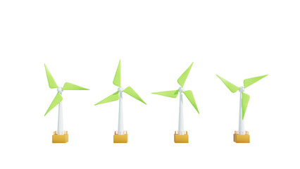 Wind turbines windmills energy power generators with White towers and green vanes for producing. 3D rendering image.